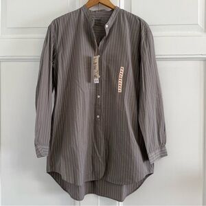 MUJI Tunic Blouse XL Gray/Taupe Cotton Pinstripe Mandarin Collar Shirt NWT